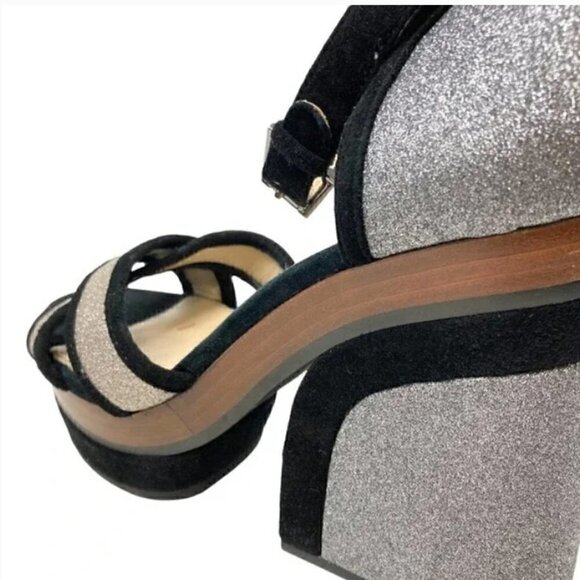 Botkier Paloma Glitter Silver & Black Suede Chunky Heel Sandals - Size 8 - Picture 8 of 10